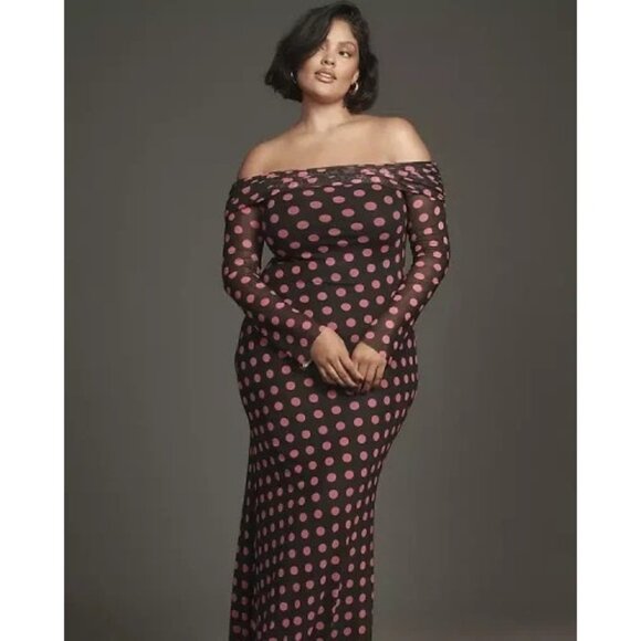 AFRM Long-Sleeve Off-The-Shoulder Mesh Maxi Dress Polka Dot 2X - Picture 2 of 2